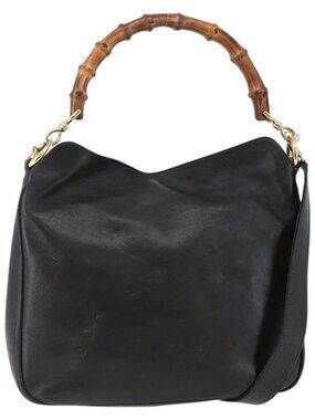 Authentic GUCCI Bamboo Shoulder Bag Leather 2way Black Gold 001 1705 1638